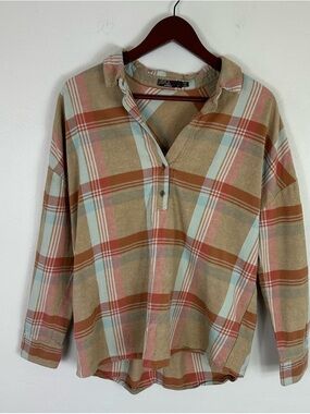 Prana V Neck Quarter Button-Down Plaid Shirt L